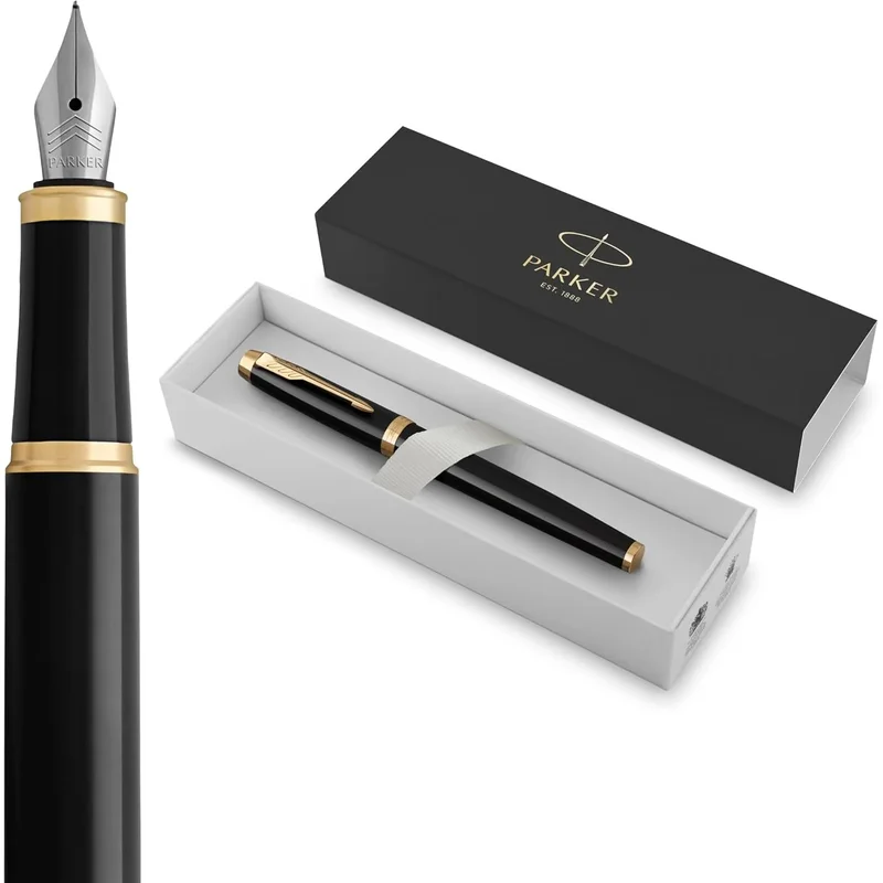 Parker IM Fountain Pen, Black Lacquer Gold Trim, Fine Nib